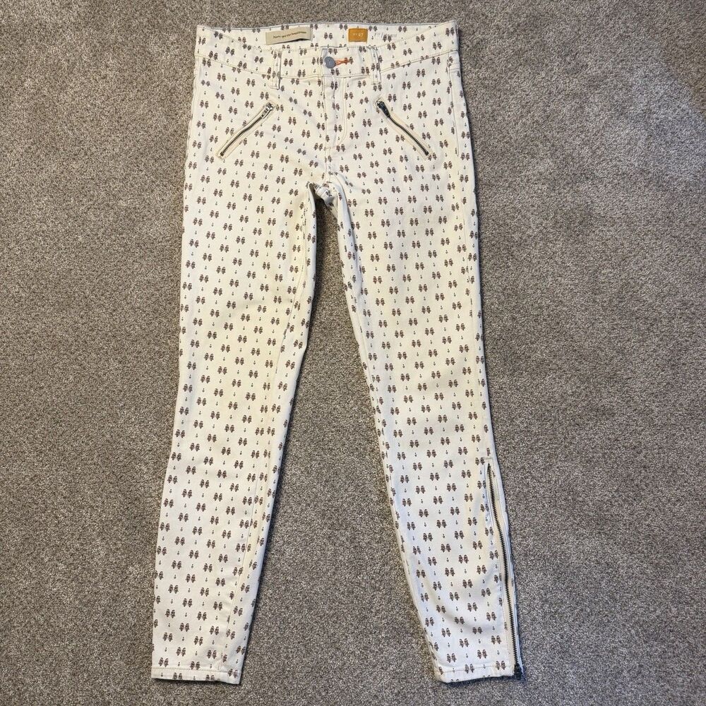 Anthropologie Pilcro Serif Printed Moto Skinny Jeans Size 27 Cream Abstract Zip